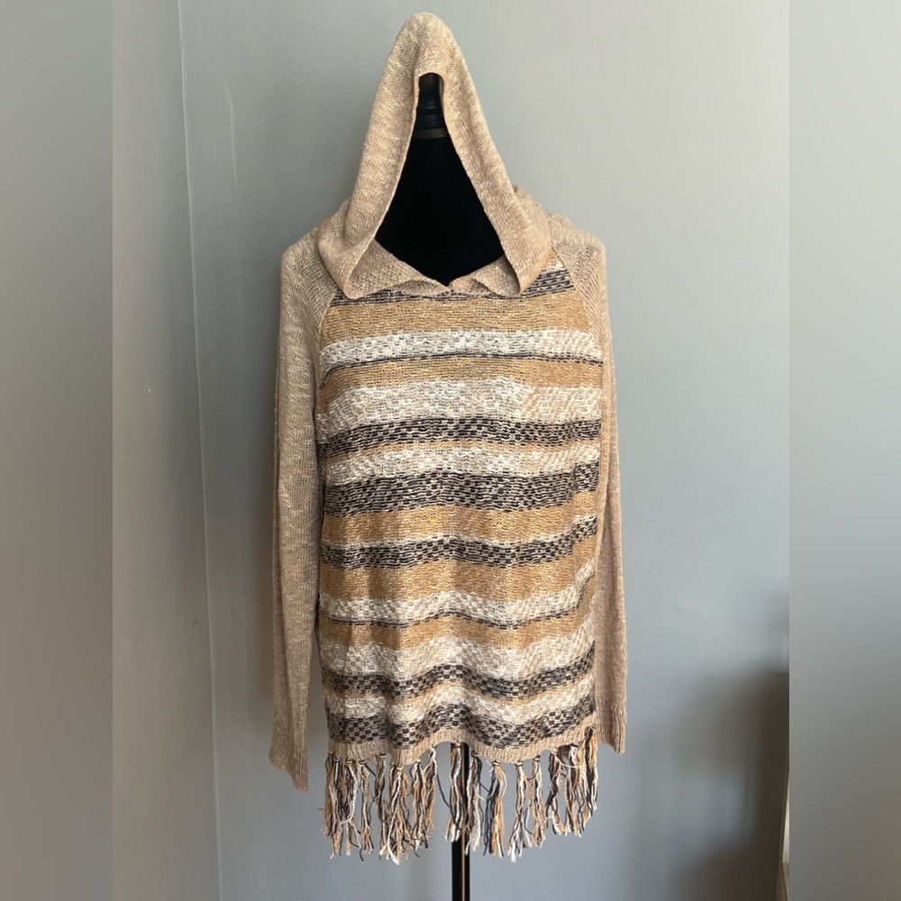 Cozy Casual Hooded Sweater Women’s S Beige Multicolored Oversized Knit Pullover